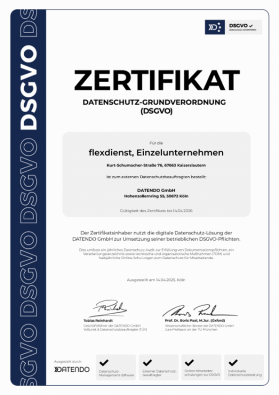 Datenschutz Zertifikat für flexdienst