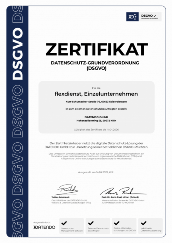 Datendo Datenschutz Zertifikat für flexdienst