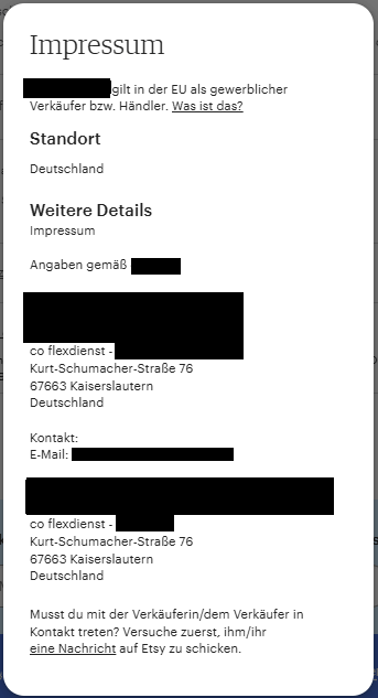 So sieht es aus, wenn ein Impressum bei Etsy mit unserer ladungsfähigen Adresse erstellt wurde