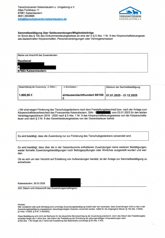 Spendennachweis Tierheim Kaiserslautern für 2025